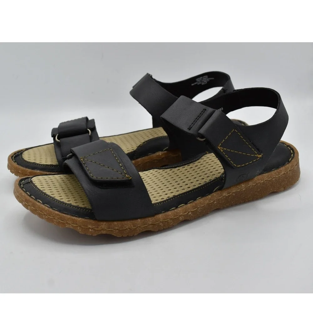 Born Womens Size 11 Tabra Black Full Grain Leather Strappy Flats Sandals Shoes